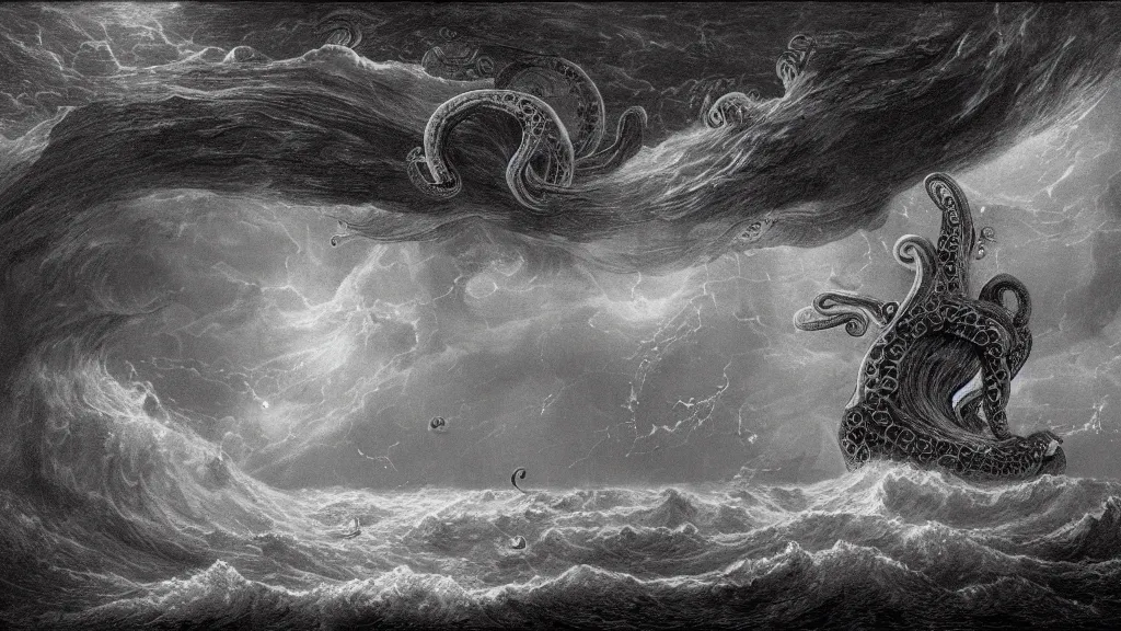 Image similar to drawing of a giant octopus attacking a spaceship above a stormy ocean, by gustave dore, nineteenth century, black and white, vintage, science fiction, epic composition, dramatic lighting, highly detailed, cinematic