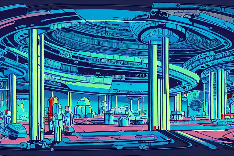 Image similar to a scifi illustration, factory interior. parallax birds eye view. vats of fluid. flat colors, limited palette in FANTASTIC PLANET La planète sauvage animation by René Laloux