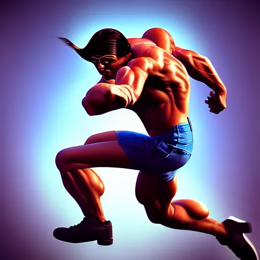 Image similar to “ athletic man dodging bullets, action shot, in the style of boris vallejo and julie bell, photorealistic, unreal engine ”