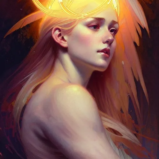 Image similar to A portrait of a blonde girl with a glowing halo surrounded by many delicate feathers, face, intricate, elegant, highly detailed, digital painting, artstation, concept art, smooth, sharp focus, illustration, art by Krenz Cushart and Artem Demura and alphonse mucha