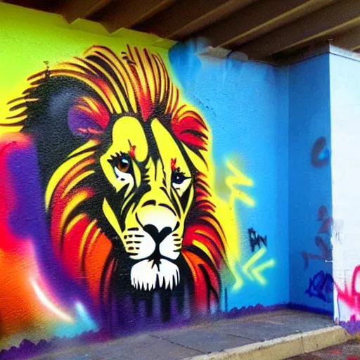 Image similar to wall with graffiti, splash painting of a lion