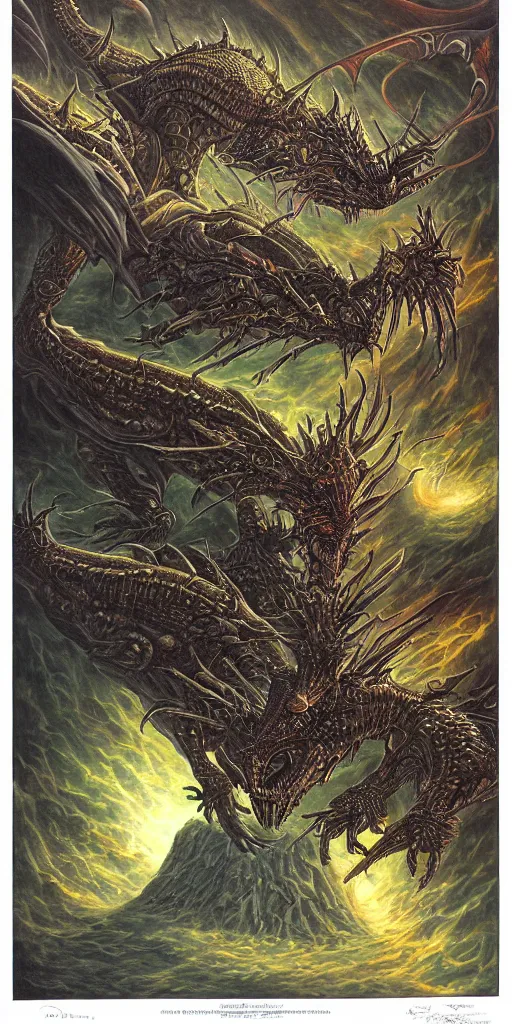 Image similar to an alien dragon demigod descending from outer space to consume the earth, by dan seagrave art