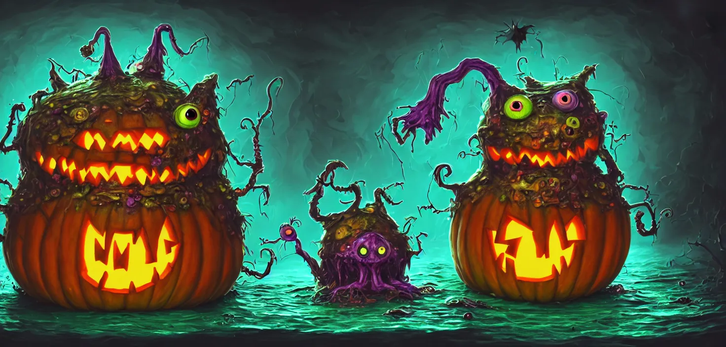 Prompt: intricate colourful murky witch cauldron with strange cute friendly angry crazy halloween creatures with huge two eyes long tongue triangle teeth and scary face appearing from the water, in the style of craola, macro lens, shallow depth of field, highly detailed, digital painting, trending artstation, concept art, illustration, cinematic lighting, vibrant colors, photorealism, epic, octane render