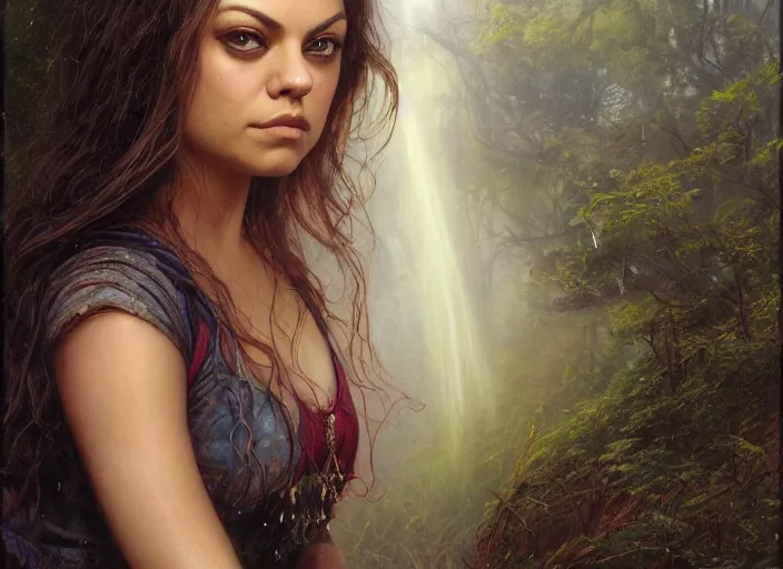 Image similar to Mila Kunis staring into the camera, misty wisps, Lilia Alvarado, Sophie Anderson, Mark Arian, Bob Byerley, Charlie Bowater, Mark Brooks, Steve Henderson, Justin Gerard, Arthur Hughes, Edward Robert Hughes, Mark Keathley, Victor Nizovtsev, Carlos Shwabe, Ross Tran, WLOP