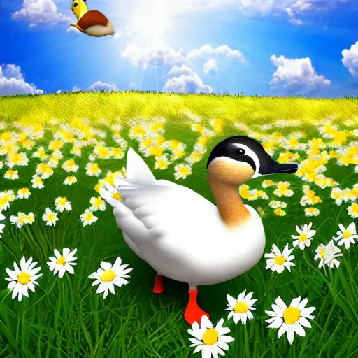 Prompt: A 3d render of a duck walking through a field of daisies in a bright sunny day, with clouds in the sky, lots of little daisies in the field, digital art