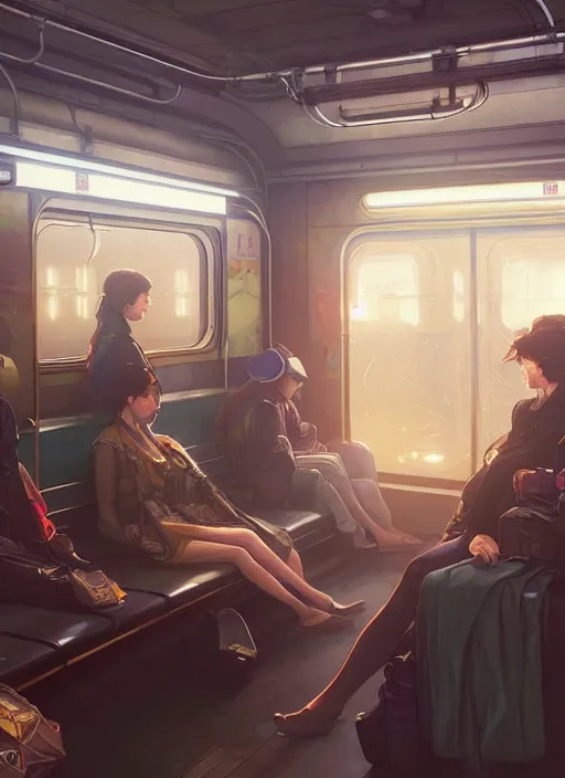 Image similar to perfectly - empty subway train interior, intricate, highly detailed, digital painting, artstation, concept art, smooth, sharp focus, illustration, unreal engine 5, 8 k, art by artgerm and greg rutkowski and alphonse mucha