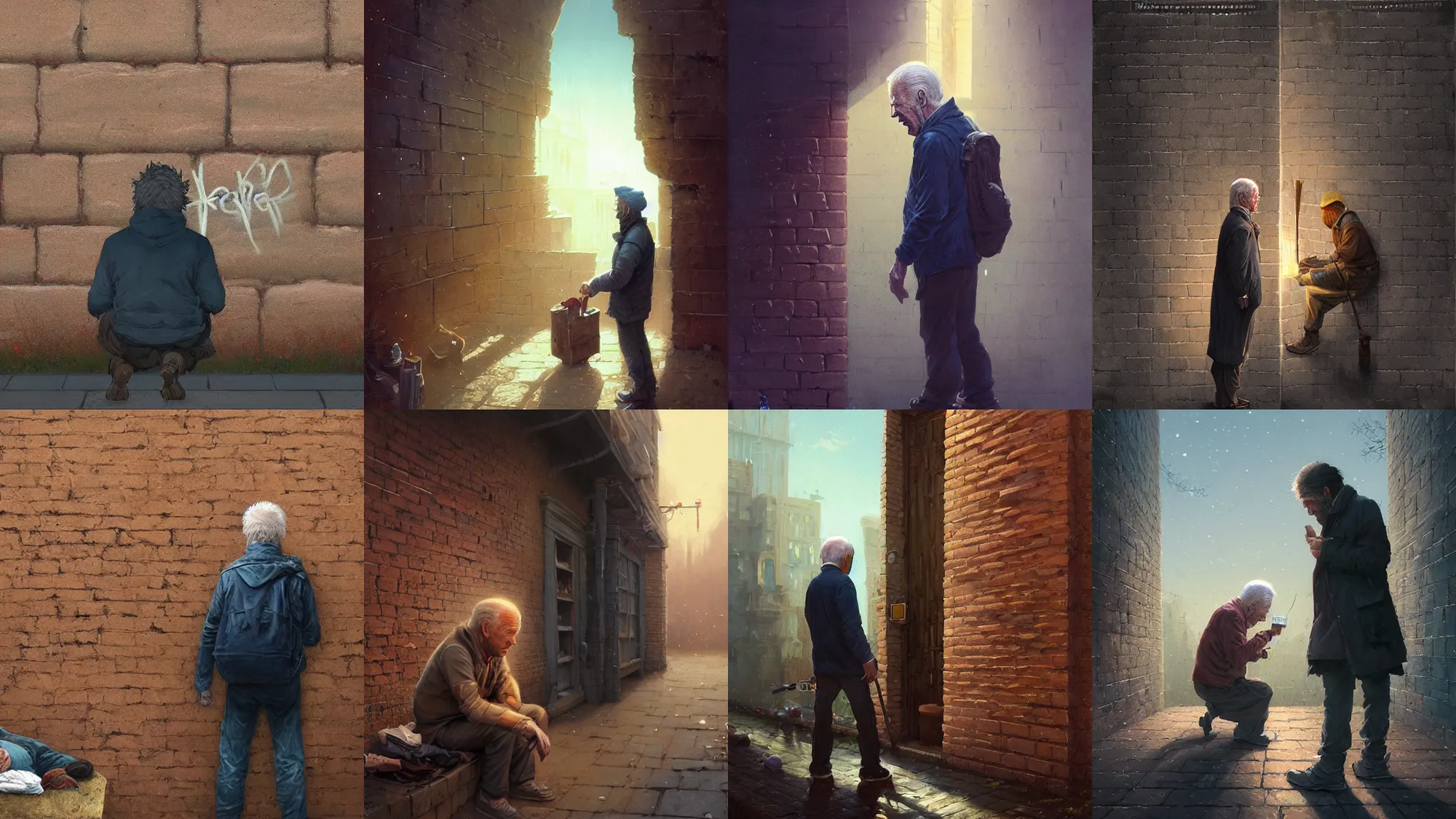 Prompt: highly detailed portrait of joe biden as a homeless, talking to a brick wall, stephen bliss, unreal engine, fantasy art by greg rutkowski, loish, rhads, ferdinand knab, makoto shinkai and lois van baarle, ilya kuvshinov, rossdraws, tom bagshaw, global illumination, radiant light, detailed and intricate environment