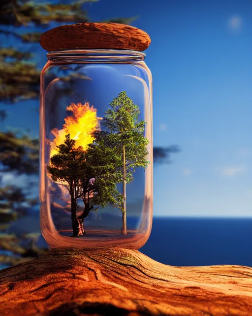 Prompt: glass jar with a burning tree inside, standing on a cliff, bokeh, ocean in the background, dramatic lighting, hyperrealistic, volumentric lighting, highly detailed