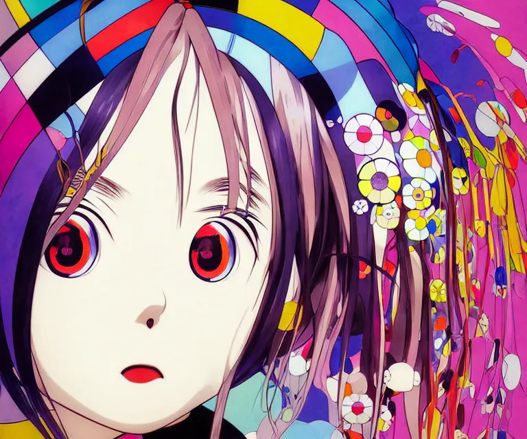 Image similar to takashi murakami, ilya kuvshinov illustration colorful anime portrait of reol sigma, murata range, fine detail, perfect anime face, dramatic lighting, dynamic composition, moody, vivid, fine stippled lighting, grain, art deco, cel shading, rich texture, yoshinari yoh, alphonse mucha, last exile