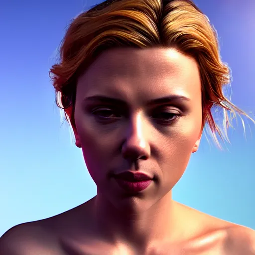 Image similar to 3d Render of a scarlett johansson full round face, short smile, cute sundress, golden hour, serene beach setting, medium shot, mid-shot, highly detailed, trending on Artstation, Unreal Engine 4k