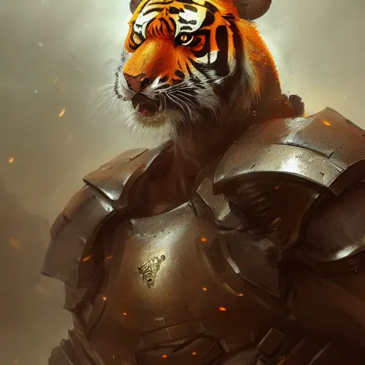 Image similar to commission portrait of a male anthro tiger wearing heavy combat armour.dramatic,character design by charles bowater,greg rutkowski,ross tran,hyperdetailed,hyperrealistic,4k,deviantart,artstation,professional photography,concept art