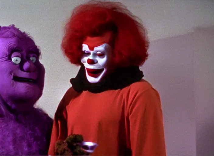 Prompt: film still of ronald mcdonald and grimace in a 1 9 8 0 s horror movie