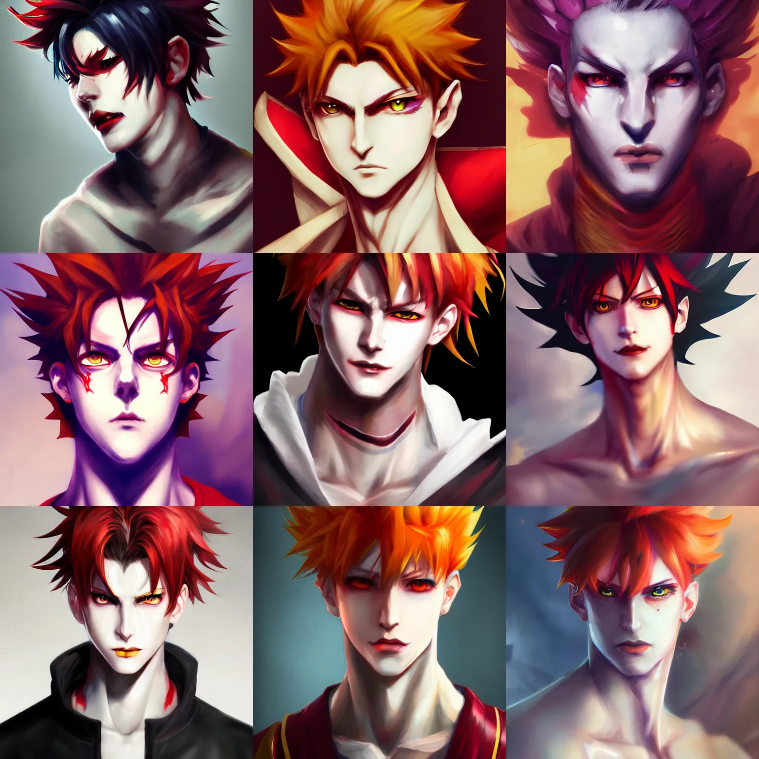 Prompt: portrait of hisoka anime male 2 0 years old male evil sharp features very very narrow yellow eyes red red soft blown back crimson hair thin lips arch eyebrows anime pixiv smooth skin overwatch moira hairstyle art by wlop ruan jia