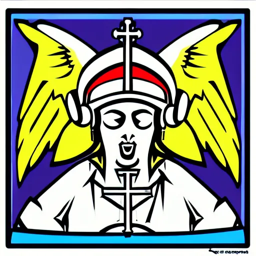 Image similar to svg vector sticker of absolutely CATHOLIC divine-deity-angel-eagle heraldry, royalty, family-crest, rocking out, wearing headphones, huge speakers, dancing, rave, cathedral, pope, DJ, spinning records, digital art, amazing composition, rule-of-thirds, award-winning, trending on artstation, featured on deviantart