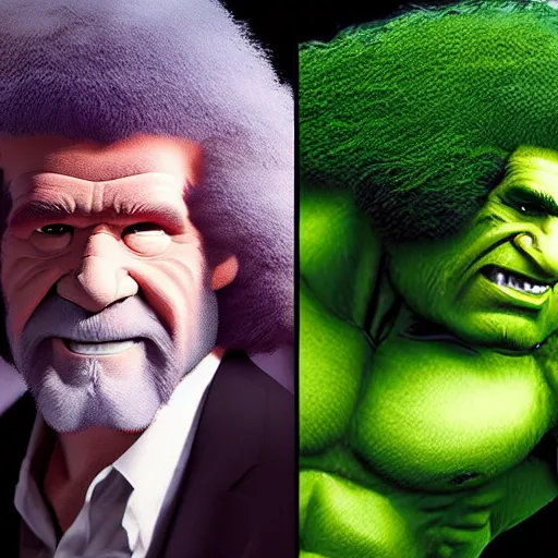 Image similar to photomanipulation of BOB ROSS as hulk, marvel, fully detailed, volumetric lightening, octane render