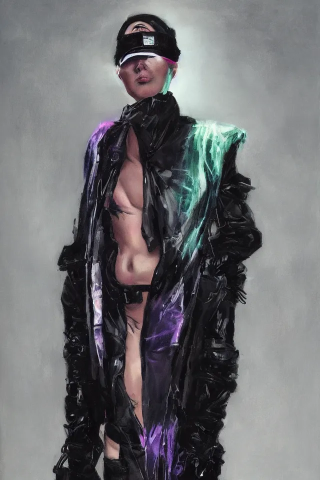 Image similar to digital fashion, androgynous person, punk rocker, tactical poncho latex rags, wearing a visor, techwear, iridiscent light, high key, cinematic lighting at night, neon, phil hale, boris vallejo, alberto mielgo, patrick o'keeffe