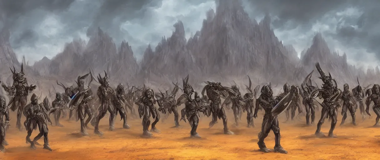 Image similar to digital painting concept art of a xenomoprh army, high detailed, volumetric lighting, style of Ralph McQuarrie, matte painting, photoshop