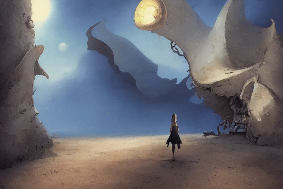 Prompt: atmospheric painting of a giant seashell house, a young girl stands outside, by moebius and john harris, atmospheric blues, concept art, saturation 40