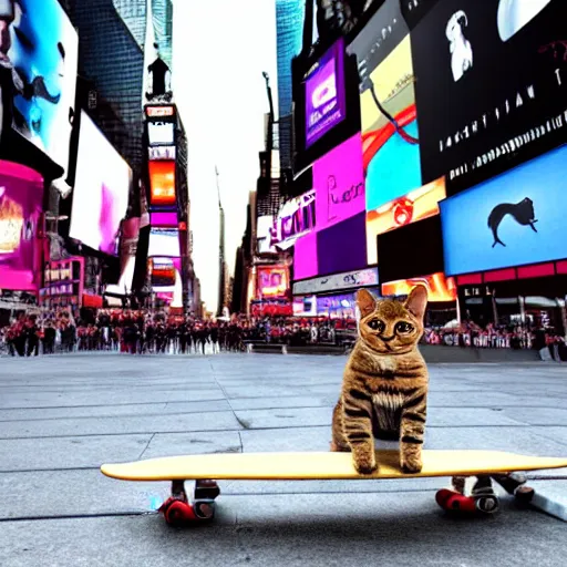 Prompt: A cat riding a skateboard in Times Square, New York City, 4k wallpaper, digital art, trending on artstation