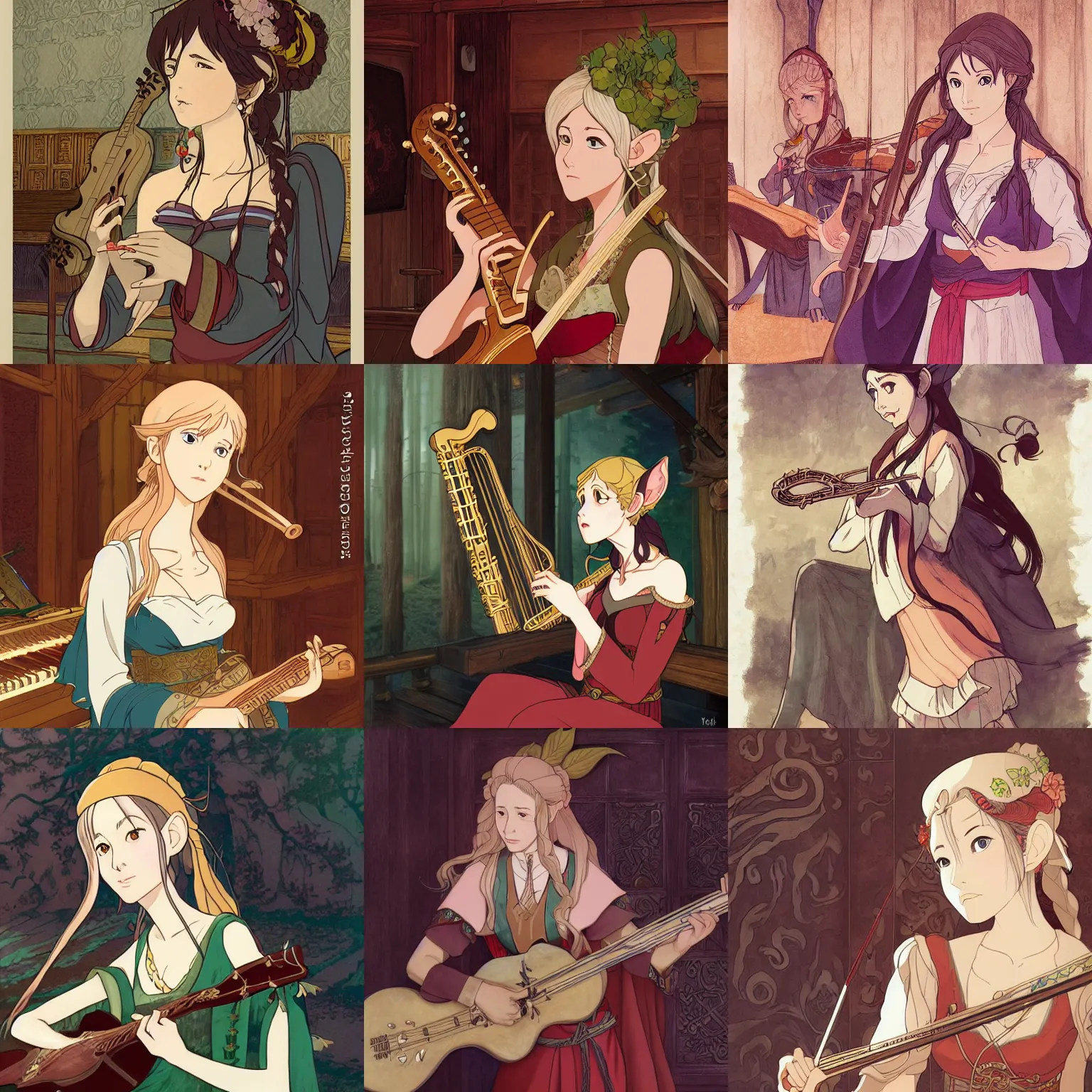 Prompt: Portrait of a female elven bard playing a song in a tavern, fantasy, defined facial features, highly detailed, cel illustration, Kyoto Animation and Studio Ghibli anime screenshot, by Ilya Kuvshinov and Akihiko Yoshida