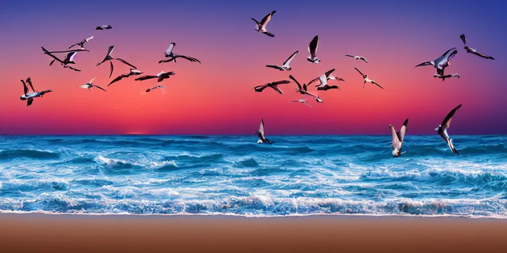 Image similar to seagulls flying over the ocean during the sunset as the sand twinkles, realistic