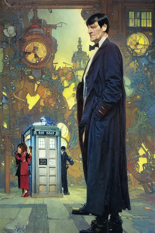 Prompt: The second Doctor standing next to the TARDIS, portrait by Stanley Artgerm Lau, greg rutkowski, thomas kindkade, alphonse mucha, loish, norman Rockwell