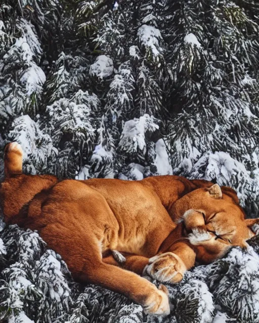 Prompt: hard cover book showing 'a cougar sleeping in the middle of snowy pine tree' laying on coffee table, zoomed out, HD, iphone screenshot