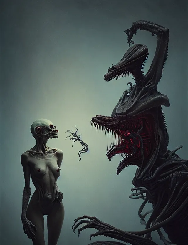 Image similar to ultra realist muted colors horror painting of a dimly lit attractive alien female next to a hellish creature, very intricate details, focus, model pose, full frame image, high contrast, artwork by tooth wu and wlop and beeple and greg rutkowski, award winning