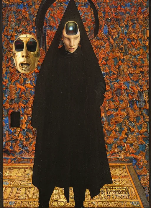 Image similar to a cyberpunk augmented priest jacking into the matrix by Jan van Eyck