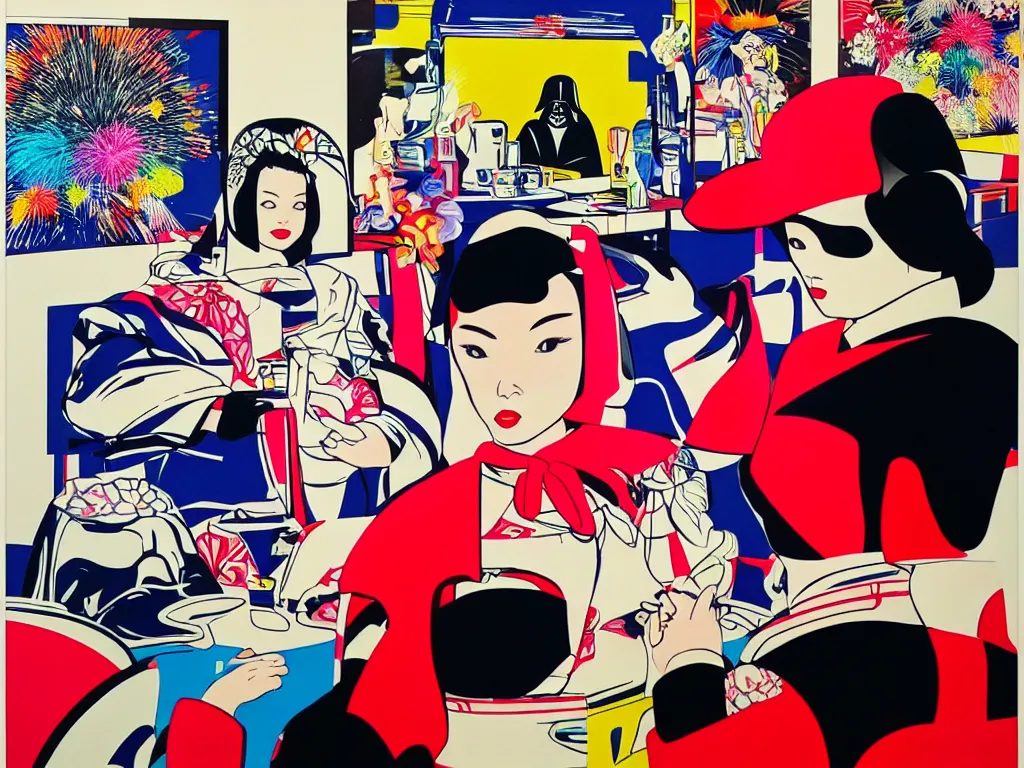 Image similar to hyperrealistic composition, in the middle a woman in a japanese kimono, behind her stands darth vader, in front of her a table from the casino, in the background is mount fuji and fireworks, pop - art style, jacky tsai style, andy warhol style, roy lichtenstein style, round canvas, acrylic on canvas