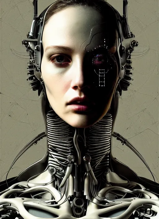 Image similar to a young beautiful female cyborg profile face, by h. r. giger, by ismail inceoglu, by kiki smith, glamor shot, vintage, closeup, f / 2. 8, low contrast, 1 6 k, rim lighting, cinematic lighting, insanely detailed and intricate, hypermaximalist, elegant, ornate, hyper realistic, super detailed