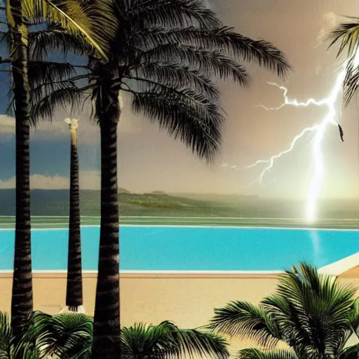 Image similar to Giant columns palace, thunderstorm, greek pool, beach and palm trees on the background major arcana sky, magazine photo from 1987, hyperrealistic 8k, very detailed