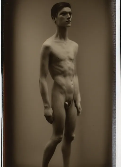 Prompt: an an android with an adult male human looking face is the thinker by auguste rodin, polaroid fashion photography, flash photography, photo taken in a back storage room where you can see empty shelves in the background, 3 / 4 view portrait head chest and arms portrait of