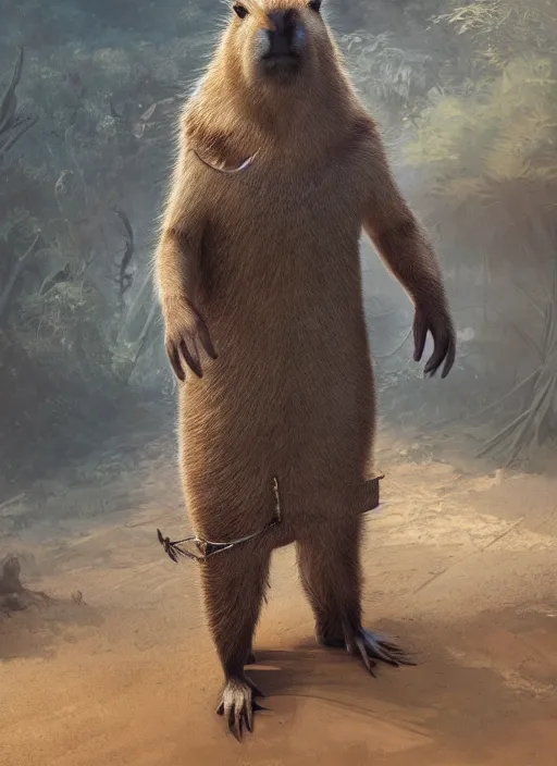 Prompt: detailed full body concept oil painting of a capybara cowboy, elegant pose, fantasy, illustration, insanely detailed and intricate clothing, octane render, 4k