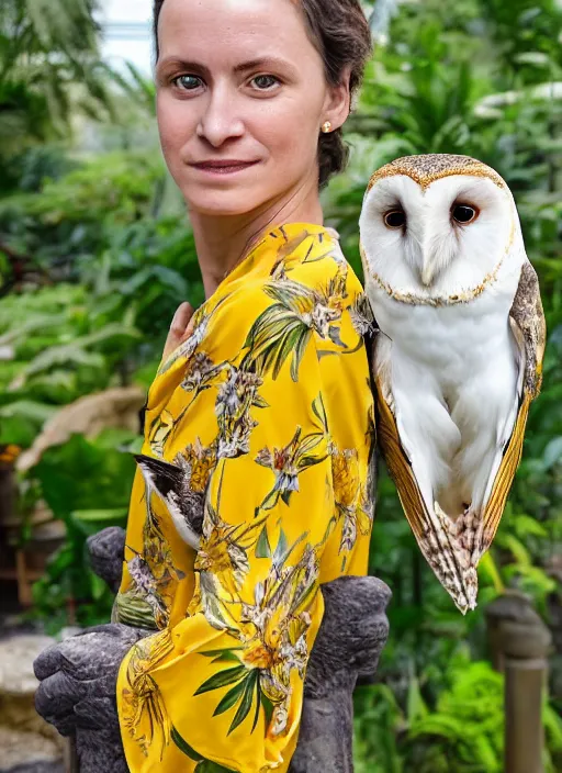 Image similar to head to shoulder portrait film photograph of an elegant top model wearing a yellow kimono with a very detailed barn owl on her shoulder!!! in a tropical greenhouse. looking at the camera!!. slight smile. super resolution. Extremely detailed. sitting inside a fountain. by Jody Rogac.