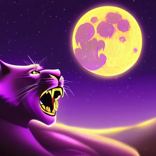 Image similar to concept art of a large purple panther at night roaring at the moon. digital drawing, illustration, 4 k, highly detailed, matte painting, artstation, artistic