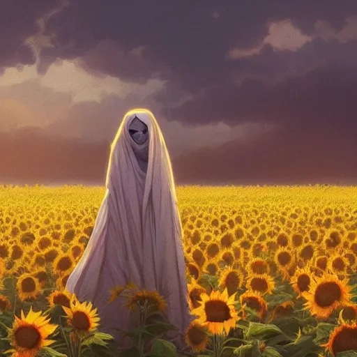 Image similar to Bedsheet Ghost in a field of sunflowers, sunset, highly detailed, digital painting, artstation, concept art, smooth, sharp focus, illustration, art by artgerm and greg rutkowski and alphonse mucha