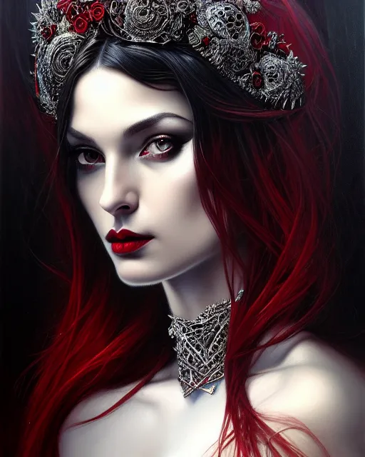 Image similar to portrait of a beautiful goddess, enigmatic beauty, dominant shades of black, silver, dark red, white, head in focus, fantasy art, ornamental aesthetics, intricate, elegant, highly detailed, hyperrealistic, artstation, concept art, soft illumination, painterly, sharp focus, by karol bak