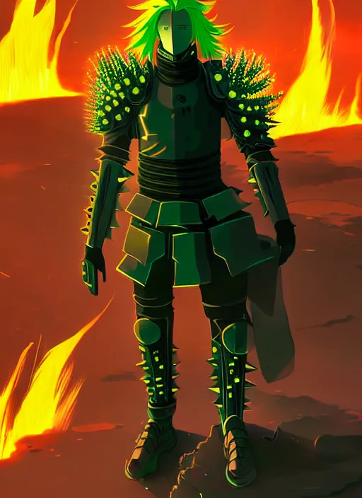 Image similar to a striking cinematic anime full body portrait of a male warrior with long blonde hair and blue eyes wearing evil green spiked cyberpunk armour and standing in the desolate burning ruins of a futuristic city by hirohiko araki and beeple, fine details, digital art, character concept art