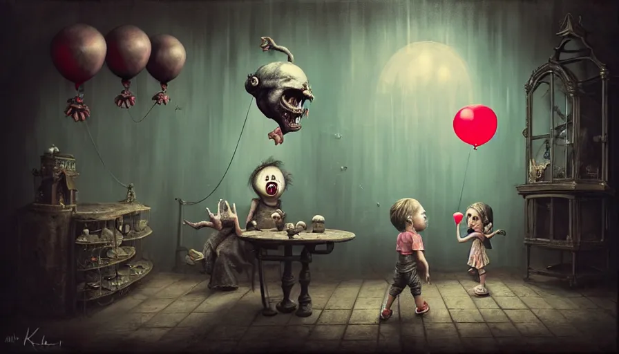 Image similar to michal karcz grunge painting of an amusement park, monster and horror theme. Monster-themed Balloon Shop. A child is is looking at the viewer. the child has a lifeless face. the child is holding a baloon. detailed, elegant, intricate, 4k,