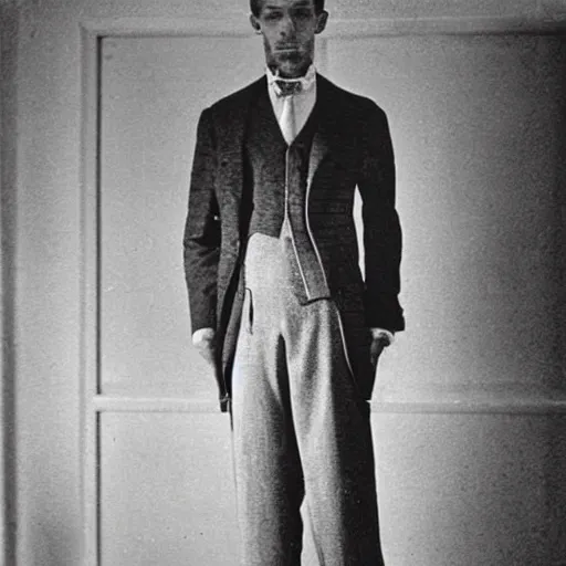 Prompt: stunning photograph of a three piece suit designed by edvard munch. award winning piece of fashion. studio lighting