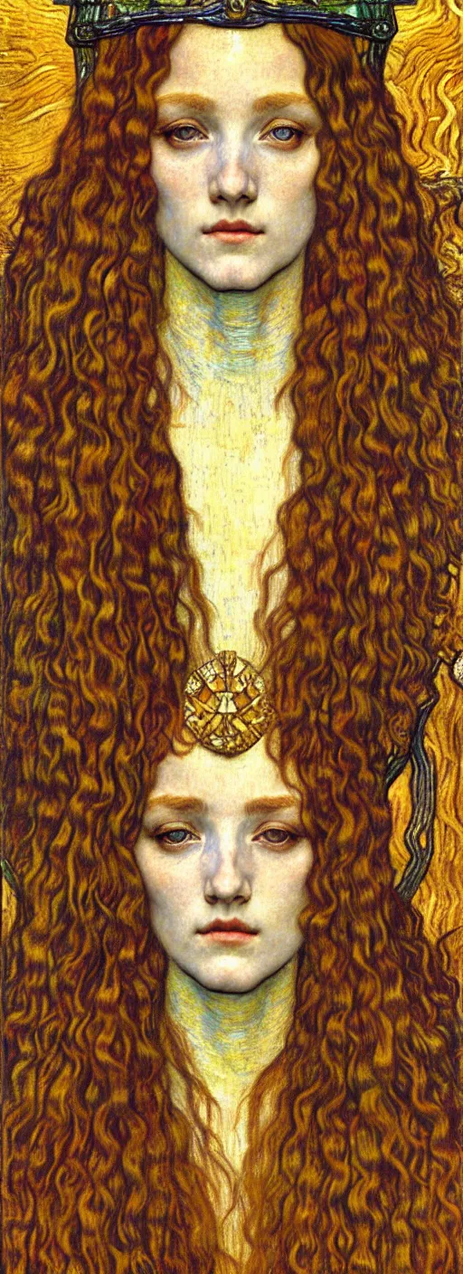 Image similar to detailed realistic beautiful young medieval queen face portrait by jean delville, gustav klimt and vincent van gogh, art nouveau, symbolist, visionary, gothic, pre - raphaelite, muted earthy colors, desaturated