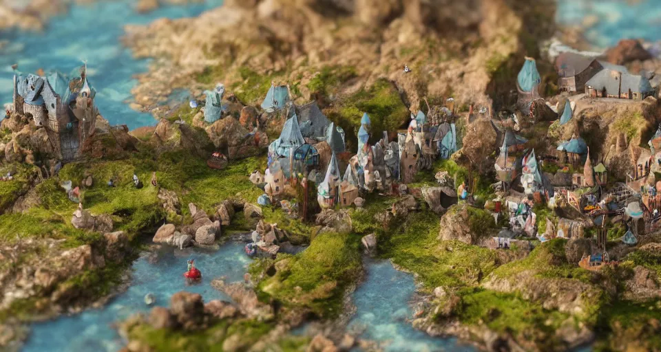 Prompt: tiny kingdom castles and village in a tidal pool with small sea creatures, beautiful, soft light, artstation, macro photography, highly detailed,