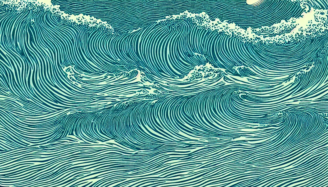 Image similar to ocean wave, land in sight by Kilian Eng, minimalist, detailed, woodblock print