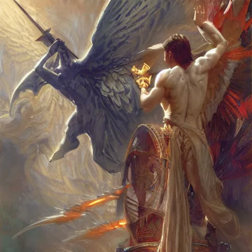 Image similar to attractive male deity casts light spell, summons attractive male lucifer morningstar. highly detailed painting by gaston bussiere, craig mullins, j. c. leyendecker 8 k