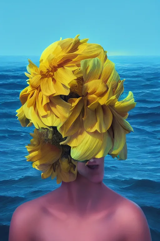 Prompt: closeup girl with huge yellow dahlia flower under face, on beach, surreal photography, blue sky, sunrise, dramatic light, impressionist painting, digital painting, artstation, simon stalenhag