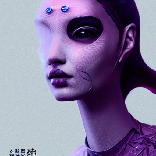 Image similar to alien princess, style of Feng Zhu, Artstation geometric, symmetrical, intricate crown, high fashion, streetwear, smooth skin, perfect face, cyberpunk, detailed, octane render, cinematic, 8k,