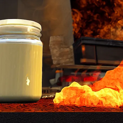 Prompt: a jar of mayonnaise on fire, unreal engine