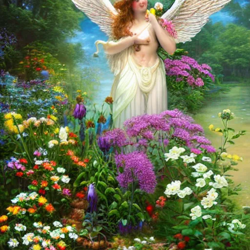 Image similar to a majestic male garden angel with large wings covered in plants and flowers standing in front of a beautiful cottage, an oil painting by ross tran and thomas kincade