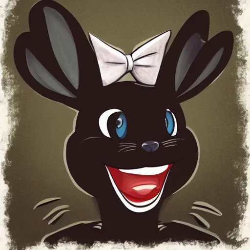 Image similar to A extremely highly detailed majestic hi-res beautiful, highly detailed head and shoulders portrait of a scary terrifying, horrifying, creepy black cartoon rabbit with scary big eyes, earing a shirt laughing, hey buddy, let's be friends, in the style of Walt Disney